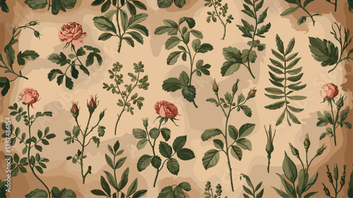 Discover a vintage-inspired floral pattern featuring exquisite roses and lush greenery, perfect for elegant designs and nature-themed projects.