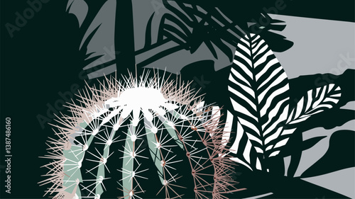 A vibrant, stylized illustration featuring a cactus surrounded by lush tropical leaves. Perfect for botanical designs and nature themes.