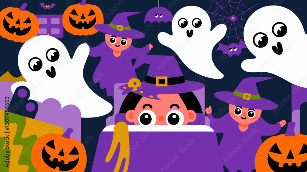 Dive into a playful Halloween scene filled with cheerful witches, friendly ghosts, and carved pumpkins, perfect for seasonal designs. Dive into a playful Halloween scene filled with cheerful witches, friendly ghosts, and carved pumpkins, perfect for seasonal designs.