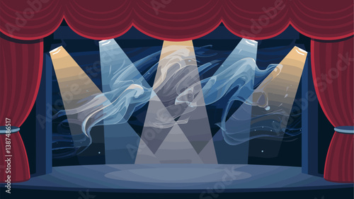 A vibrant theater stage featuring rich red curtains, spotlight beams cutting through swirling smoke, creating an atmospheric backdrop for performance.