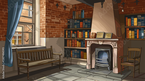 Explore this inviting library space featuring a charming fireplace, wooden bench, and shelves filled with books, bathed in natural sunlight.