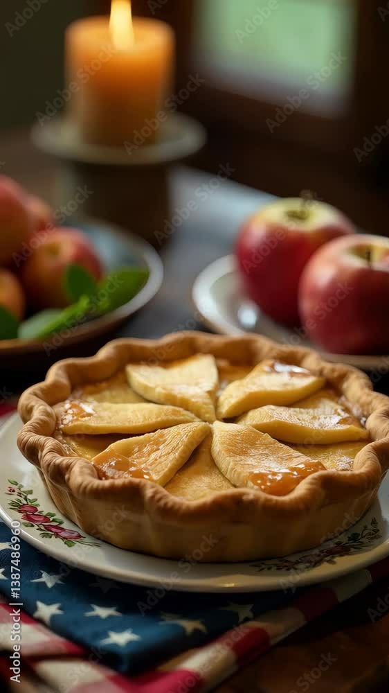 Apple pie on a table with candles and apples in a cozy kitchen, celebrating Independence Day. Apple pie on a table with candles and apples in a cozy kitchen, celebrating Independence Day.
