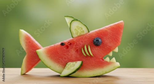 Creative watermelon carving showcasing a shark design made from fresh fruit slices outdoors during a sunny day
