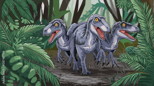 Explore the ferocity of three dinosaurs in this vibrant illustration, capturing raptors amid dense foliage in a prehistoric setting.