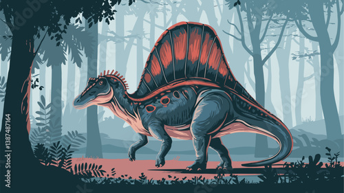 A stunning illustration of a Spinosaurus gracefully walking through a verdant prehistoric forest, showcasing its iconic sail and vibrant colors.