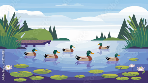 A picturesque illustration of a calm lake featuring swimming ducks surrounded by lush greenery and water lilies, ideal for nature-themed projects.