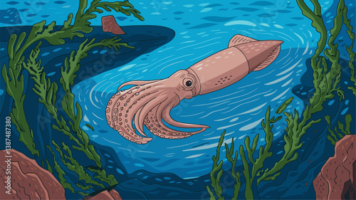Discover the enchanting depths of the ocean in this colorful illustration featuring a graceful squid gliding through seaweed.
