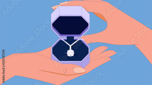 A beautifully crafted necklace displayed in an open jewelry box, held by a pair of gentle hands. Ideal for showcasing luxurious gifts, engagement, or special occasions.