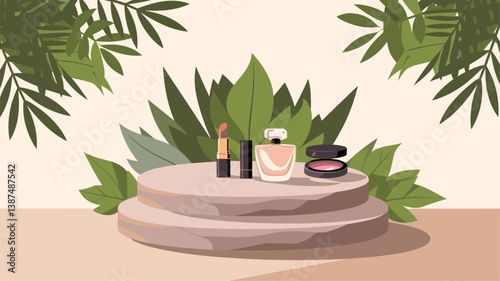 An elegant arrangement of lipsticks, perfume, and powder on a stone pedestal, framed by tropical leaves, perfect for beauty-themed projects.