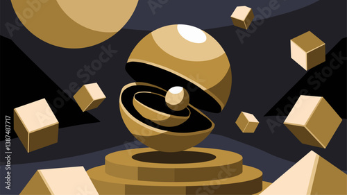 A contemporary digital artwork featuring floating golden spheres and cubes in a dark, geometric space. Perfect for modern design projects.