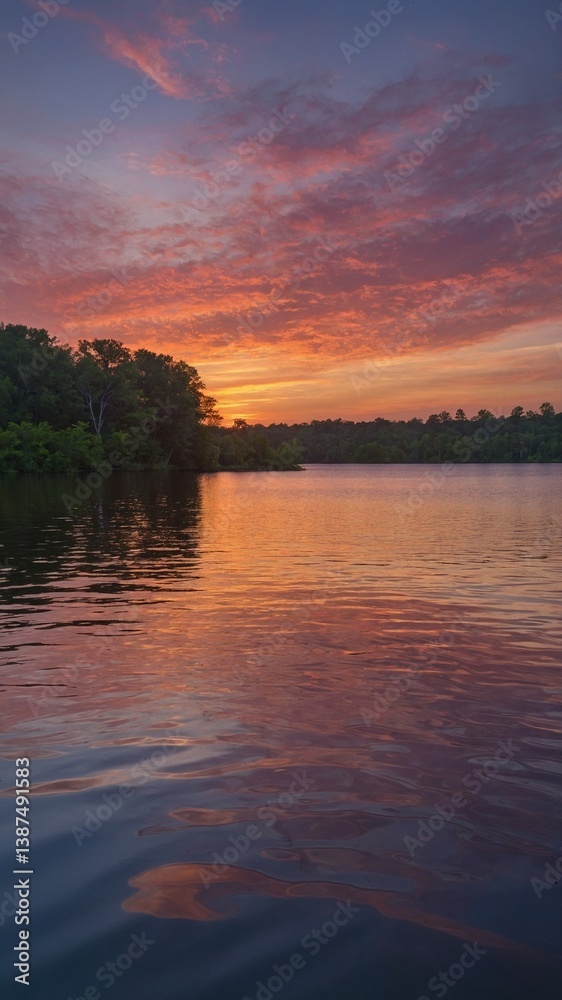Fototapeta premium Lake reflects vibrant hues of sunset, with gradient of colors from warm orange to cool blue painting sky. Tranquil water mirrors fiery clouds above, creating symmetrical composition that both calming.