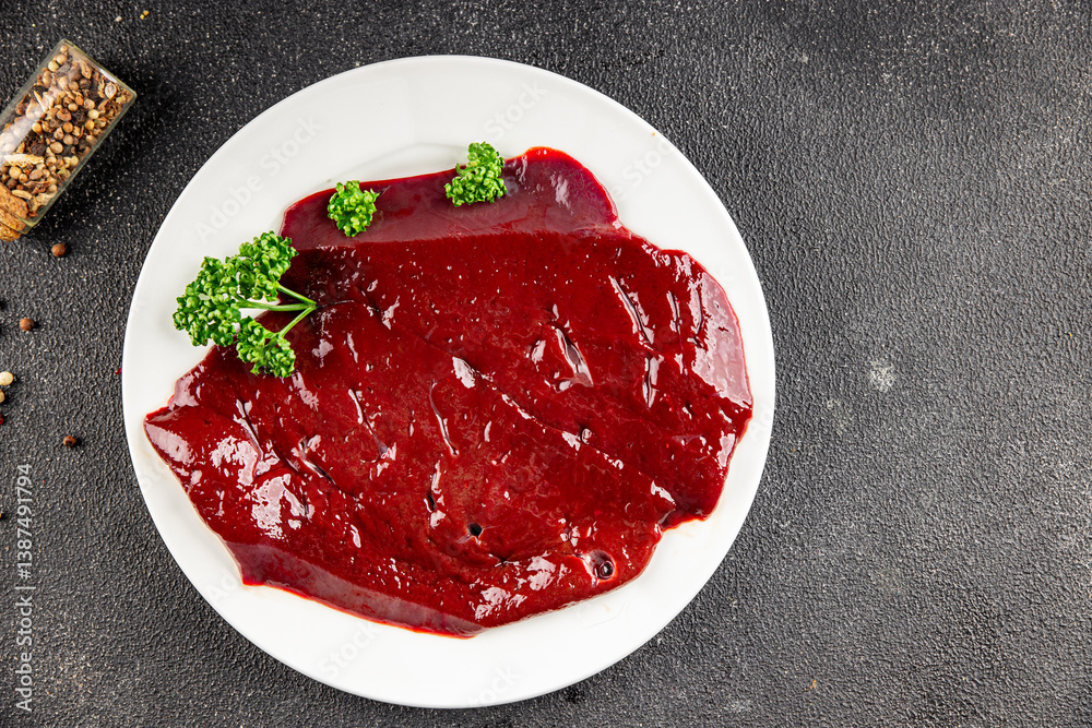 Raw liver beef veal meat steak liver grill appetizer dish fresh gourmet food background on the table rustic food top view copy space keto and paleo diet Raw liver beef veal meat steak liver grill appetizer dish fresh gourmet food background on the table rustic food top view copy space keto and paleo diet