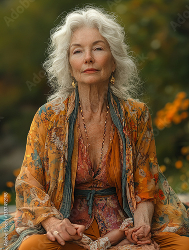 Serene portrait of a mature woman with white hair, wearing bohemian clothing, sitting in a meditative pose surrounded by nature.
