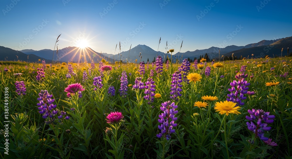 Obraz premium Sunrise over a mountain meadow filled with vibrant lupine and wildflowers, creating a stunning natural landscape.