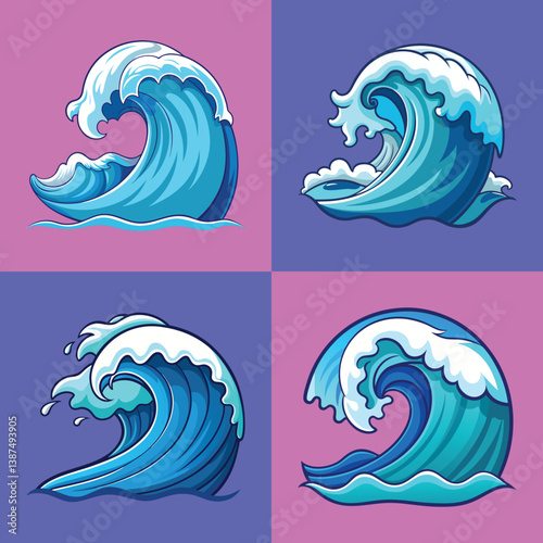 Collection of Four Vibrant Blue Ocean Waves Illustration Designs on Pink and Purple Backgrounds