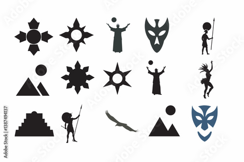 Inti Raymi icon set vector on white background, Ancient Civilization Symbols A Collection of  Silhouette Icons Representing Mythology, Rituals, and Cultural Heritage