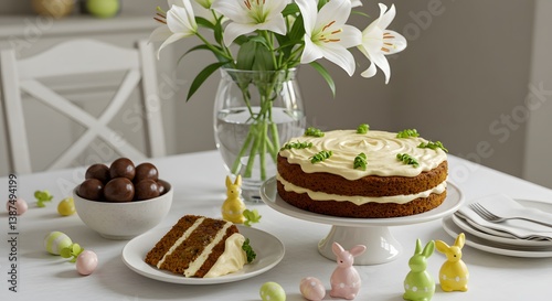 Easter table with carrot cake, chocolate eggs, lilies, and bunny decorations, celebrating the holiday with sweet treats.