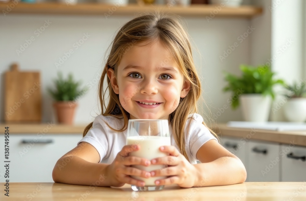A little girl is smiling, holding a glass glass with goat's or cow's milk in her hands, and sitting in the kitchen. The child drinks milk. The concept of proper healthy nutrition A little girl is smiling, holding a glass glass with goat's or cow's milk in her hands, and sitting in the kitchen. The child drinks milk. The concept of proper healthy nutrition