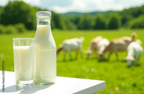 A glass bottle and a glass of goat's milk are on the table. Goats graze in a green meadow in the background. Space for the text