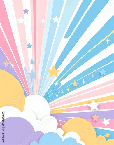 パステルカラーのかわいい太陽と雲のイラスト – 子供向け明るい背景デザイン

