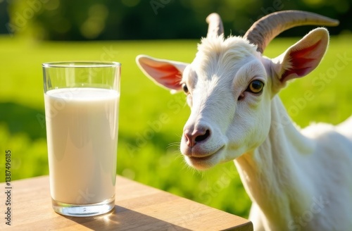 On the table, a stream of goat's milk pours into a glass beaker. In the background is a lawn with a white goat's face peeking out from behind it. The concept of healthy nutrition and agriculture