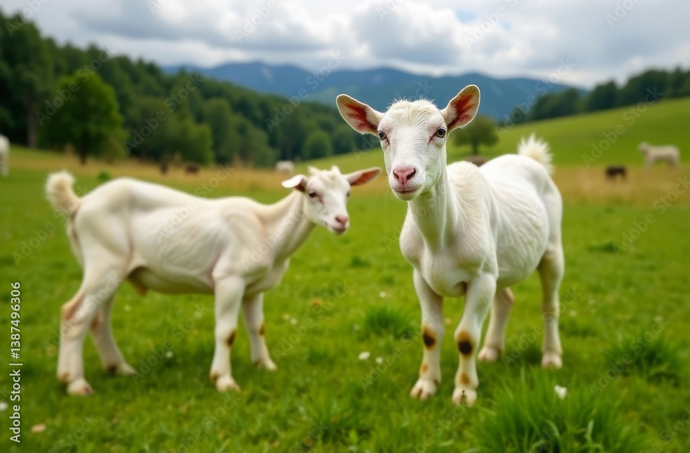 White goats graze in a green meadow, walk in the fresh air and graze the grass. The goat looks into the frame. Production of goat's milk. Agricultural industry White goats graze in a green meadow, walk in the fresh air and graze the grass. The goat looks into the frame. Production of goat's milk. Agricultural industry