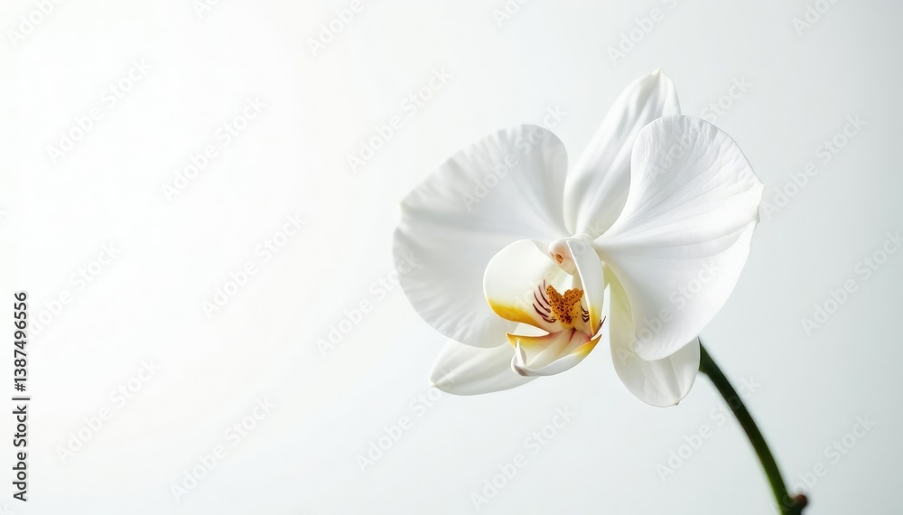 Fototapeta premium Delicate white orchid blossom, pristine petals against pure white background, image, beauty