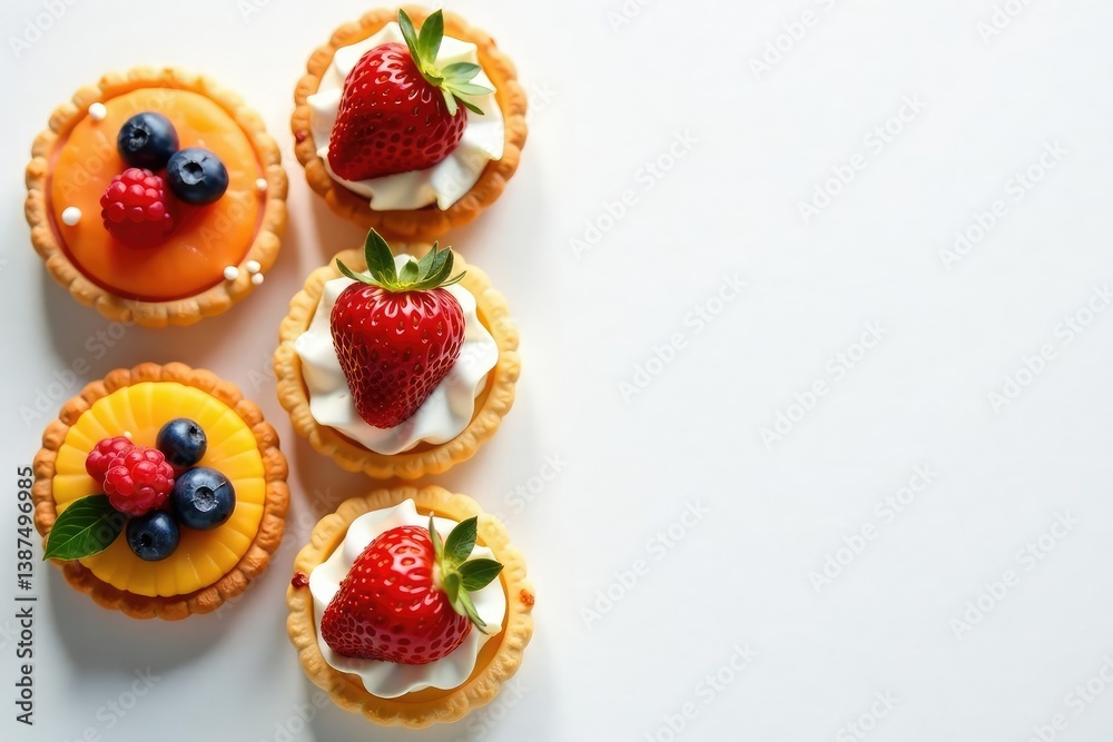 Elegant pastries, fruit tarts, white backdrop , food, whipped cream, sugar