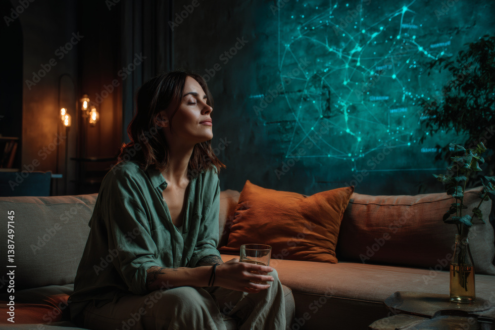 Obraz premium Relaxed Woman Sitting on Sofa with Star Map Projection on Wall