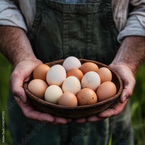 A man is holding a bowl of eggs. The eggs are white and brown. The bowl is wooden and has a rustic look. The man is wearing a green apron