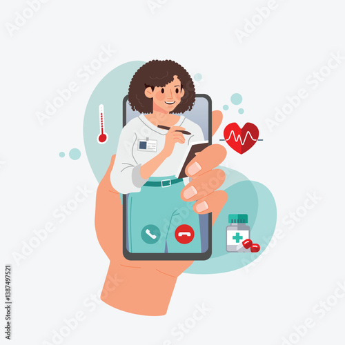 Telemedicine graphic with kind doctor cartoon character on technology for diagnose and communicate with patient. Flat vector illustration.