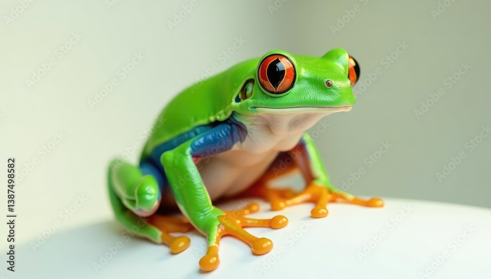 Obraz premium Green tree frog perched on white, vibrant skin, nature photography, texture