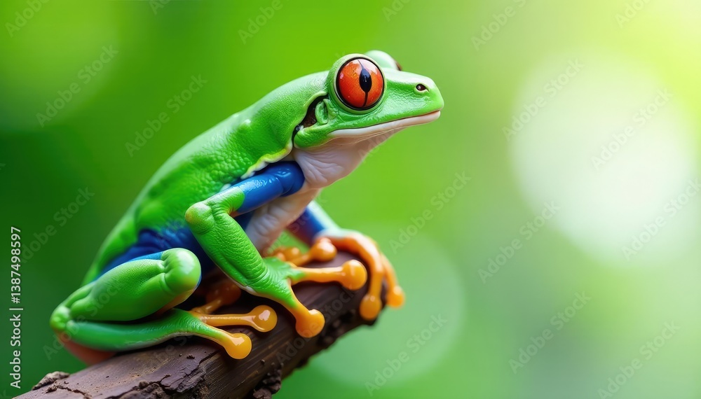 Naklejka premium Green tree frog perched on white, vibrant colors, nature, frog legs, green