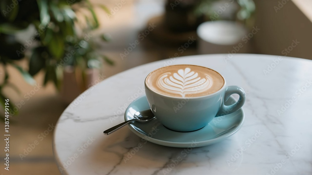 Intricate Latte Art in Blue Cup on Marble Table