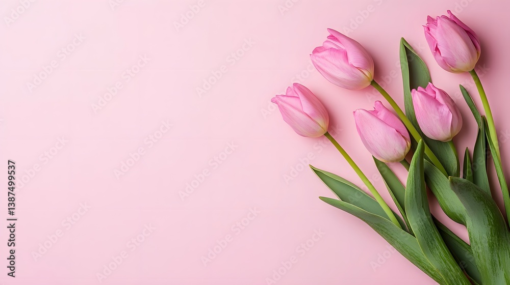 top view of blooming pink tulip flowers on pastel background, vibrant spring layout for holiday card, banner, or nature-inspired design with copy space top view of blooming pink tulip flowers on pastel background, vibrant spring layout for holiday card, banner, or nature-inspired design with copy space