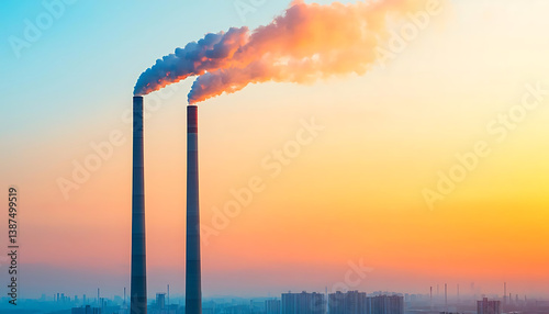 vibrant illustration of carbon cycle with smokestacks at sunset