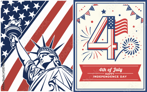 4th of July. US Independence Day. Vector illustration of American flag, star, objects, Statue of Liberty, symbol, sign, ribbon icon for greeting card, poster, banner, background or invitation.
