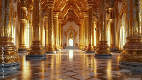 palace with golden pillars and intricate carvings, reflecting opulence and royalty.