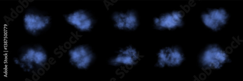 Set of realistic blue smokes or haze on a black background. Magic fog, vapor. Vector illustration