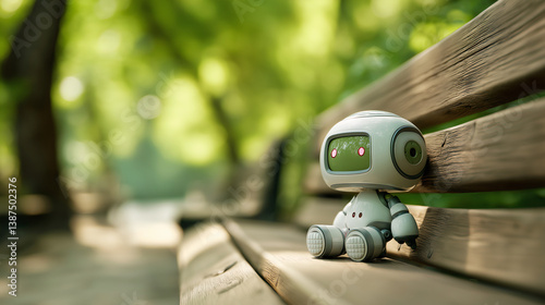 Fototapeta Naklejka Na Ścianę i Meble -  Cute robot sitting alone on park bench in summer light