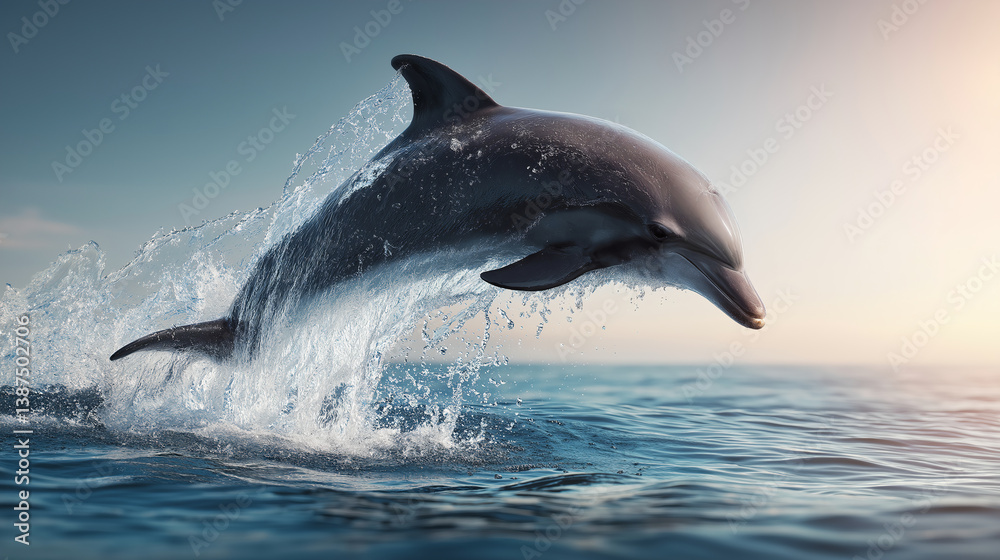 Fototapeta premium Dolphin leaping from ocean at sunrise with water splash