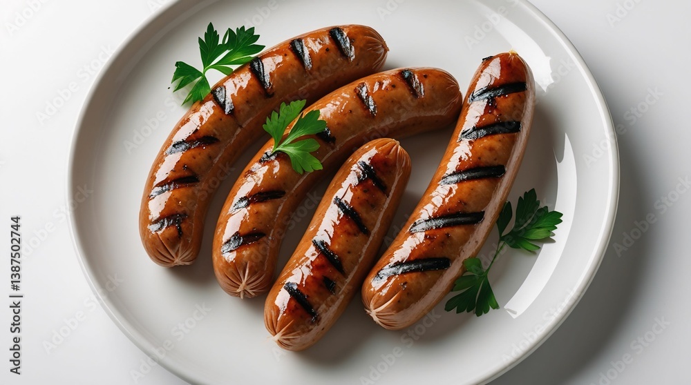 Grilled Sausages with Parsley on White Ceramic Plate