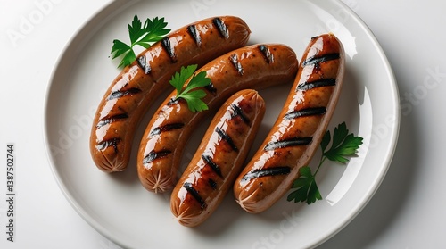 Obraz na płótnie Grilled Sausages with Parsley on White Ceramic Plate w salonie