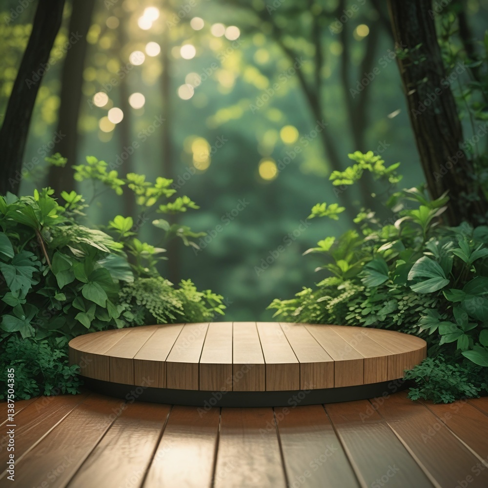 Circular Wooden Platform in Forest Clearing with Sunlight