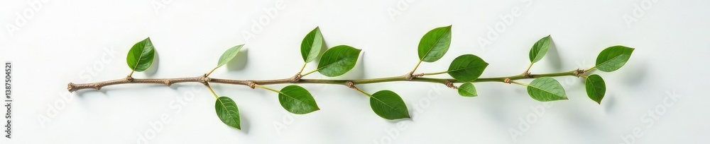Single branch with leaves on a pristine white surface, wood, nature Single branch with leaves on a pristine white surface, wood, nature