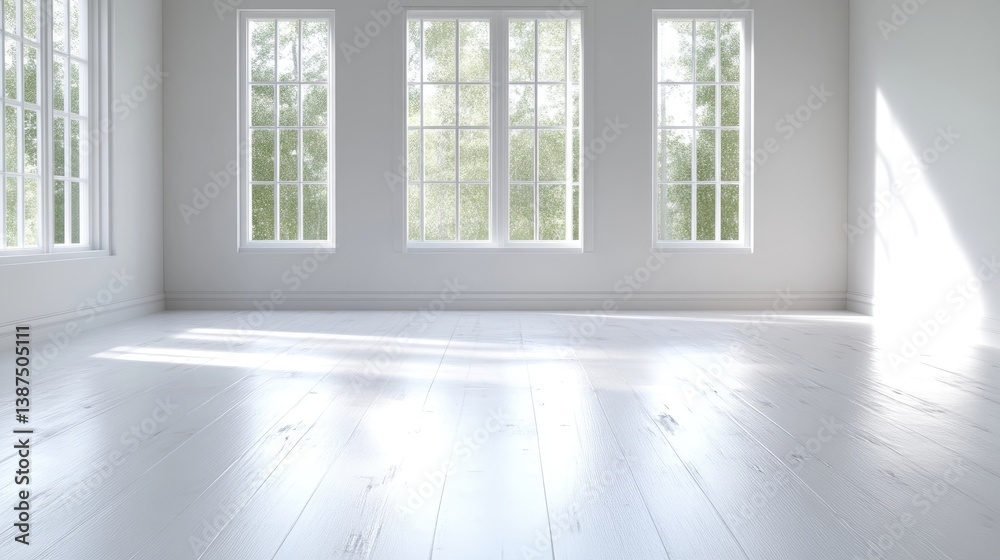 Fototapeta premium Bright Room Sunlight Hardwood Floors Minimalist Style High Resolution Wide Angle View Clean Lines Empty Space Natural Light Serene White Real Estate Listings
