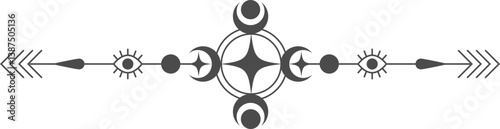 Celestial frame with lines of stars. Magic border with mystic moon and sun. Tarot fantasy ornament. Elegant divider with esoteric symbols and spiritual elements