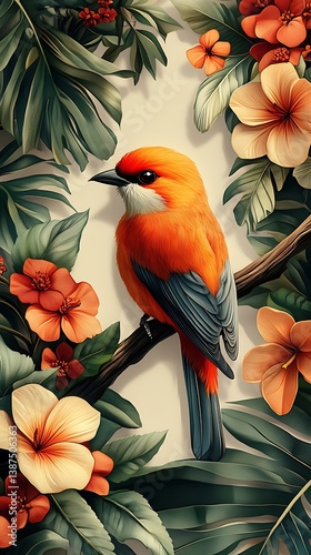 Vibrant Orange Bird Phone Wallpaper Tropical Flowers & Lush Green Leaves on Branch | HD Mobile Background