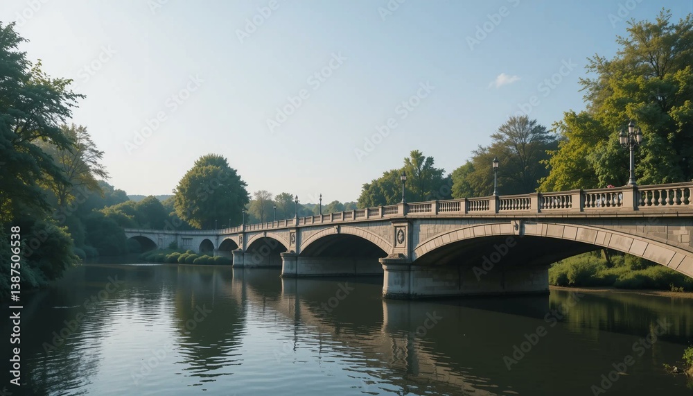 Beautiful Stone Bridge Reflecting in Calm Water Surrounded by Lush Greenery During a Serene Afternoon in a Park Landscape Beautiful Stone Bridge Reflecting in Calm Water Surrounded by Lush Greenery During a Serene Afternoon in a Park Landscape