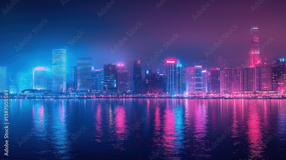 Fototapeta premium Neon Cityscape at Night: Vibrant Hong Kong Skyline Reflected in Calm Waters